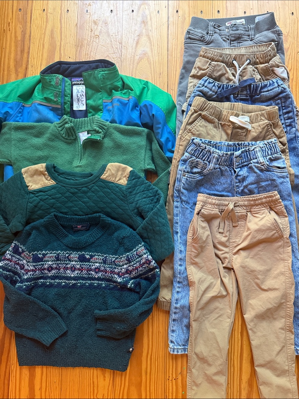 Patagonia Kids Green and Blue Jacket with Green Sweaters & Tan Pants Bundle